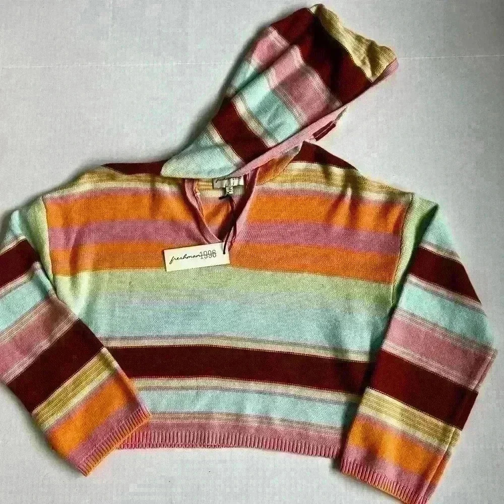 Freshman 1996 Multi-Colored Striped Hoodie Cropped Sweater size Medium NEW